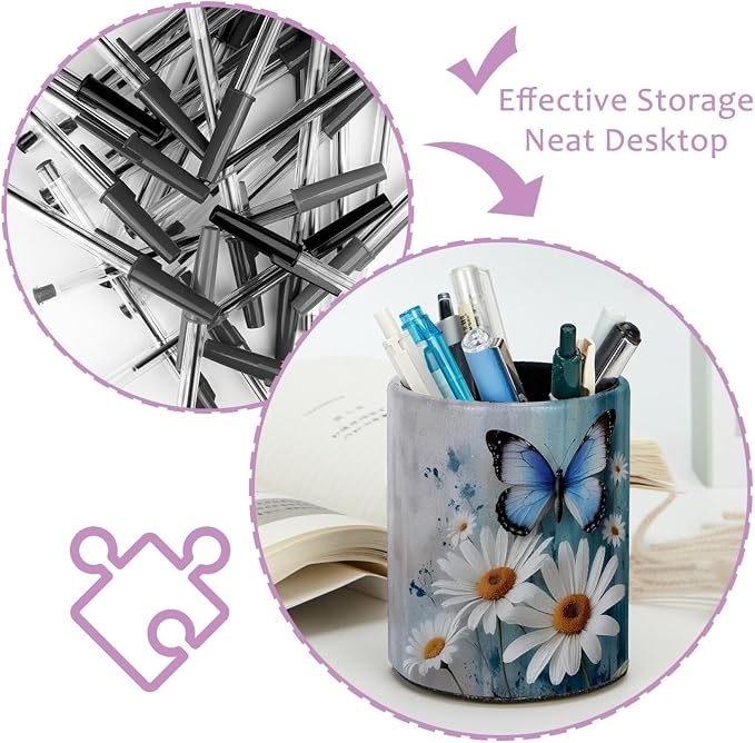 Rural Daisy and Butterfly Leather Pen Holder for Desk, Multifunctional Desktop Organizer Pencil Cup, Desktop Caddy Stationery Organizer for School Home Office Desk Accessories