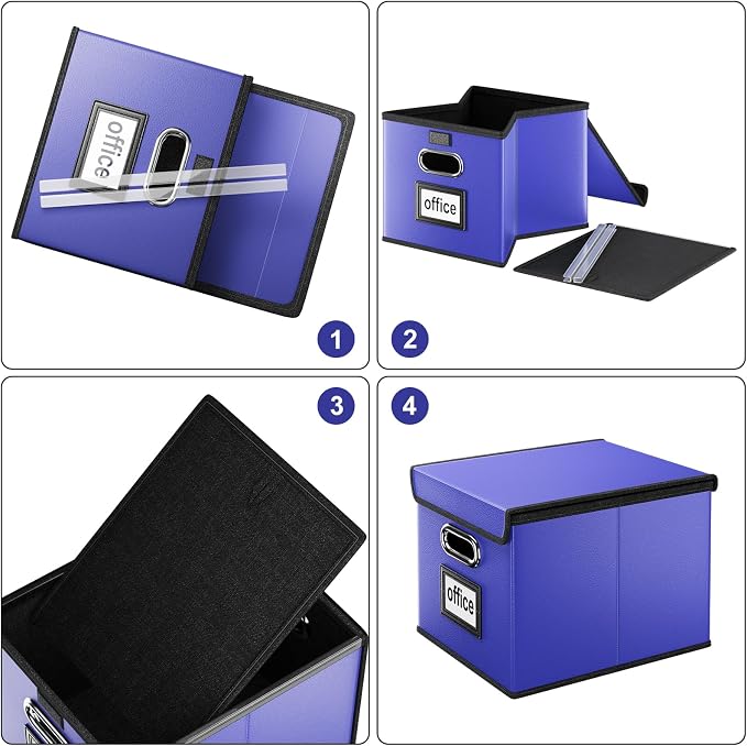 Decorative Leather File Organizer Storage Boxes with Lids Set of 4, Document Boxes Organizer, Filing Boxes, Decorative Small File Boxes for Hanging Files, File Cabinet for Office/Home - 4 Pack