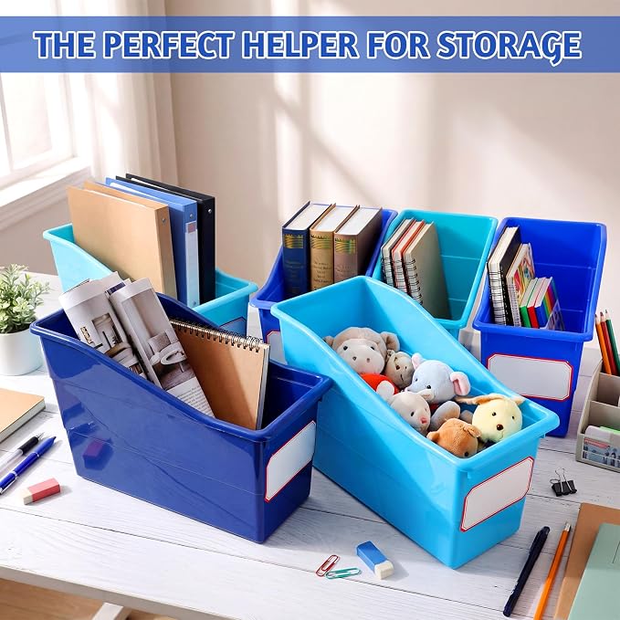 Teling 12 Pcs Book Bins Bulk - Plastic Book Storage Bin with Labels for Classroom Interlocking Magazine Holder Organizer Binder Container Box for School Office Desktop Bookshelf Home (Ocean Blue)