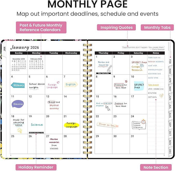 2026 Planner, Weekly and Monthly Calendar Planner for Women, Jan 2026 - Dec 2026, Hardcover Planning Agenda book with Tabs, Spiral Bound, Inner Pocket, Perfect for School Office Supplies, 8.5" x 11" - Painted Garden