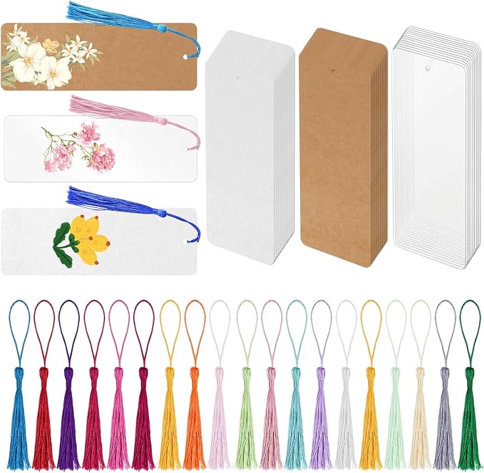 MXCOIRTP 120 Pcs Blank Bookmarks with 120 Colorful Tassels, Thick 350GSM Cardstock Paper and Transparent Acrylic Bookmarks for DIY Crafts, Holiday Reading, Classroom Projects and Gift Tags, 6x2 Inch