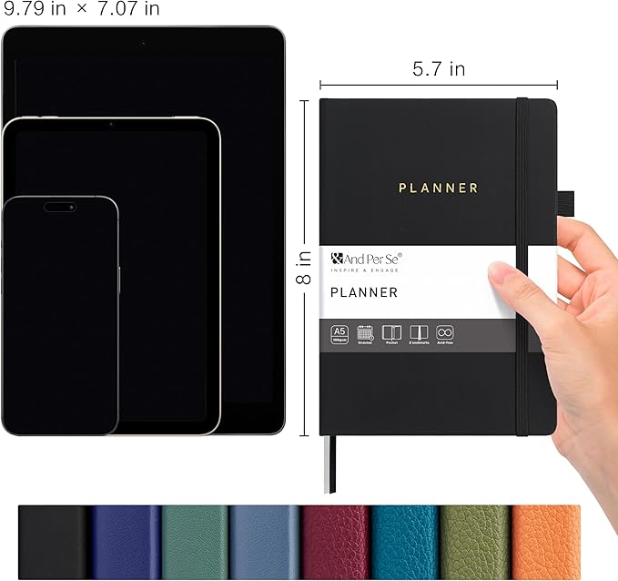 And Per Se Undated Weekly Planner 2026, A5 size Leather Hardcover Planner with Goals & Habit Tracker – ADHD Planner & Productivity Journal (Black)