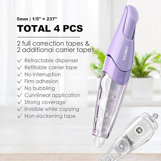 Refillable Retractable White Correction Tape, Pen Shaped White Smooth Pull Out Japanese Aesthetic Cute Correction Tape for Office Supplies, 4 PCS (ZH-87)