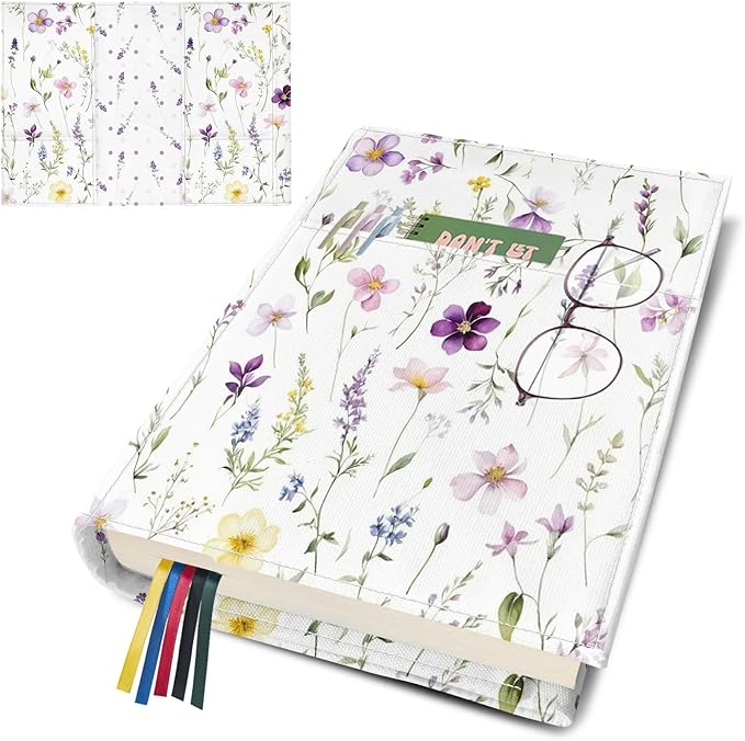 Flower Book Cover for Hardcover Paperback,Adjustable Soft Canvas Fabric Book Protector with Pocket Bookmark,Double Side Floral Print Book Dust Jacket Covers for Book Lovers Gift S