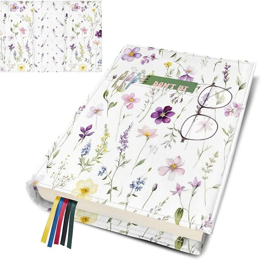 Book Cover Protector for Paperback,Adjustable Soft Canvas Fabric Book Cover with Pocket Bookmark,Double Side Print Book Dust Jacket Covers for Hardcover Book Lovers Gift White Floral L