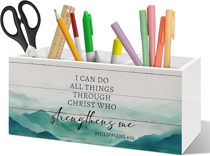 Motivational Christian Pen Holder Organizer, Christian Desk Decor, I Can Do All Things Through Christ Bible Verse Wooden Pen Pencil Holders for Home Office Desk Accessories