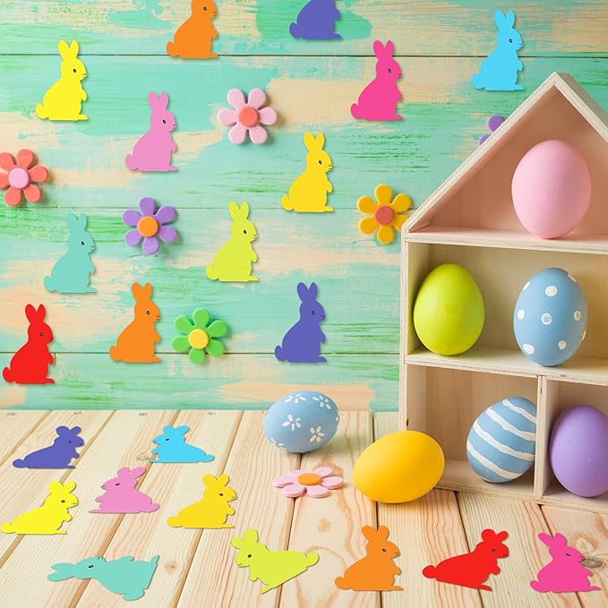 200 Pieces Bunny Paper Cutouts Easter Bulletin Board Decorations Colorful Bunny Shapes Accents Bunny Die Cuts for Classroom Home Decor DIY Craft Projects