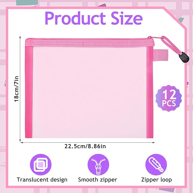 15 Pcs Mesh Zipper Pouch Bags,Pink Makeup Bags,Zipper Nylon Mesh Pouch,Nylon Mesh Cosmetic Bags,Portable Makeup Pouches Organizing for Travel and Office Supplies(Pink, A5)