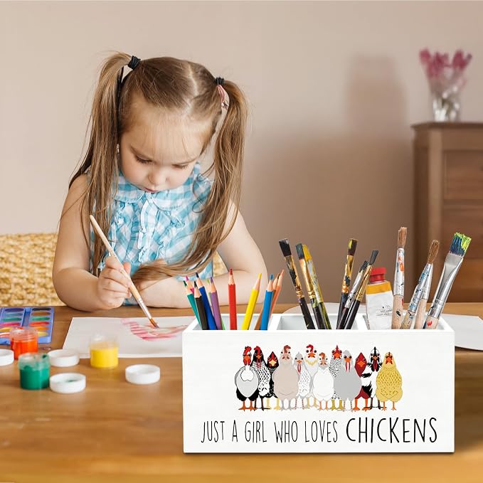 Just a Girl Who Loves Chickens Pen Holder for Desk, Chicken Lover Mom Lady Gifts Pencil Organizer, Funny Farm Rooster Hen Wooden Box Sign Desk Decor for Home Office Decoration