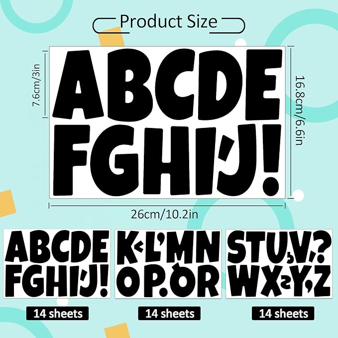 504 PCS Bulletin Board Letters 42 Sheets Large Letter Stickers Vinyl Waterproof Self-Adhesive Alphabet Sticker Letters for Poster Board Display Classroom School Mailbox Home Decor (3 Inch, Black)