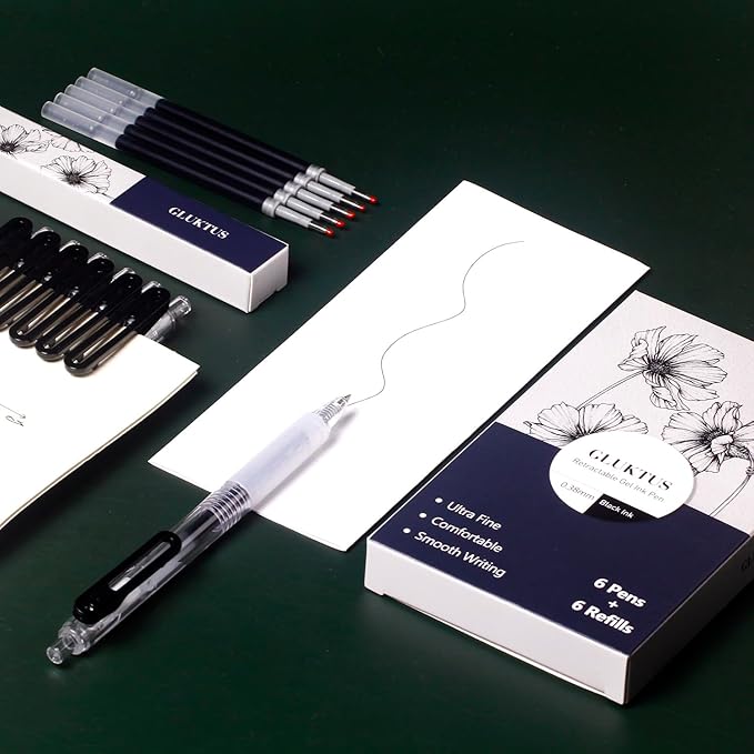 Pens & Pen Refills Set : 6 Gel Pens +6 Refills,0.38mm Black Pens Fine Point Smooth Writing Office Supplies