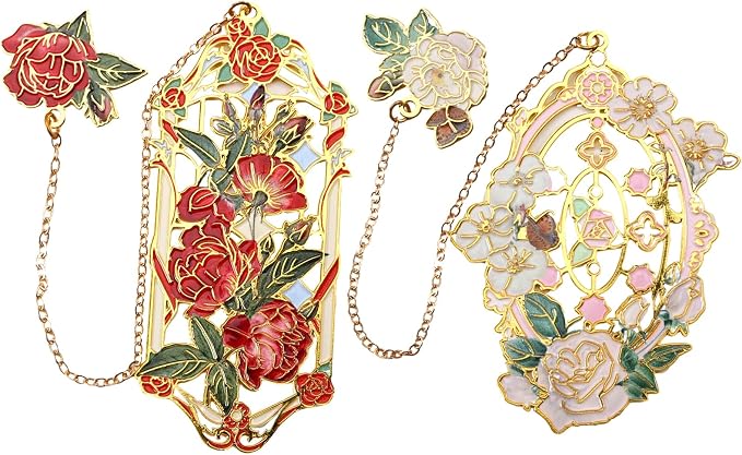 Metal Bookmarks - 2 Pack, Red & White Rose Designs, Perfect for Women Readers (BKM-043-001)