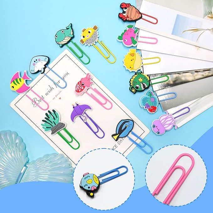 Cute Paper Clips, 50Pcs Ocean Animals Bookmark Paperclips Bulk Metal Fun Sea Animals Planner Clip Clamp Desk Accessories Stationery Colorful Office Supplies Gifts for Student Teacher Party Decorative