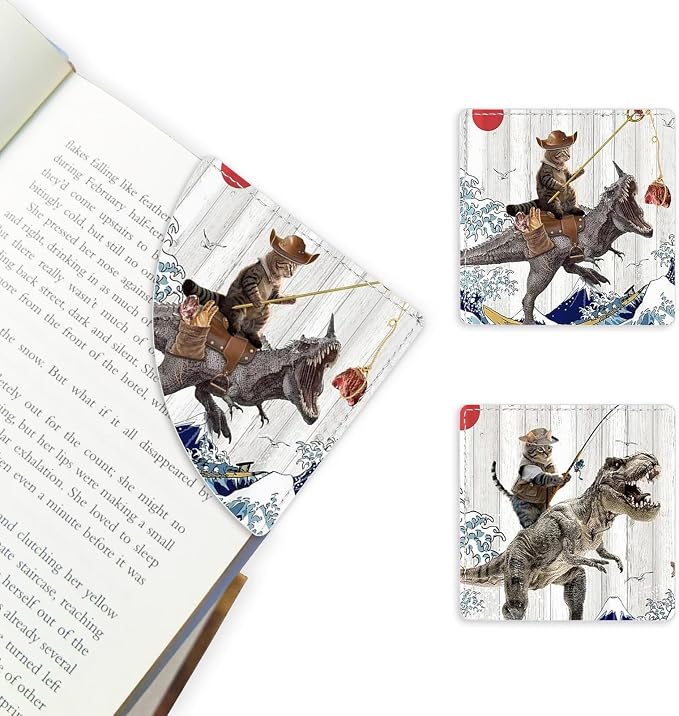 2 Pack Funny Cat and Dinosaur Leather Book Corner Bookmark, Durable Handmade Reading Accessories - Gifts for Readers, Women, Men, Teachers, Students