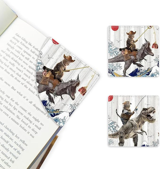 2 Pack Funny Cat and Dinosaur Leather Book Corner Bookmark, Durable Handmade Reading Accessories - Gifts for Readers, Women, Men, Teachers, Students