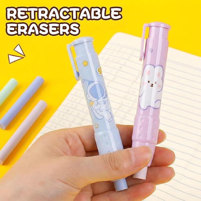Cute Pencil Erasers, Kids Retractable Erasers with Refills, Standard Pen-Style Erasers, Fun Click Erasers, Kawaii Japanese Stationery Supplies (Purple)