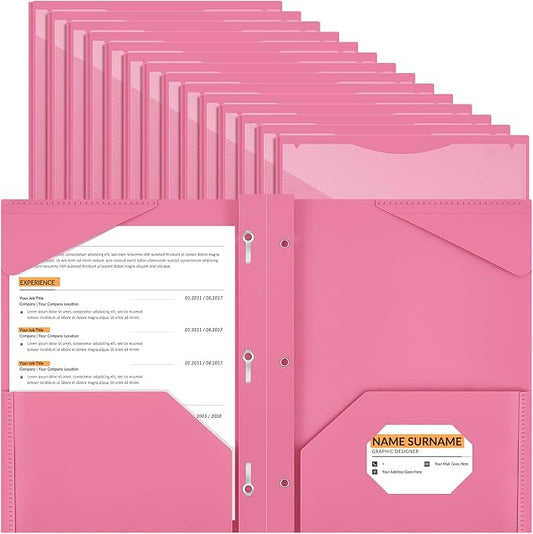 Henoyso 36 Pcs Plastic Folder with Clear Front Pocket and 3 Prong Plastic Folders with Card Slot Pocket Folders with Prongs for School Office (Pink)
