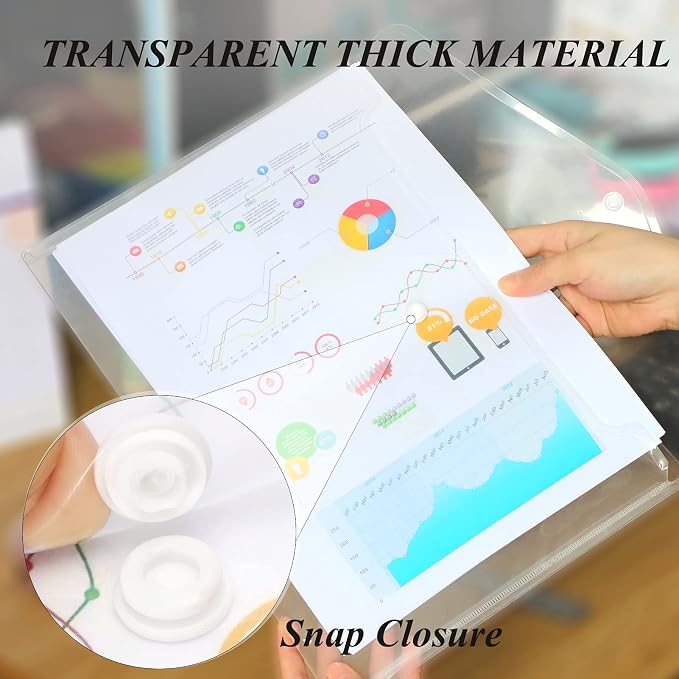 Toplive File Folders,12 Packs Plastic Envelopes Clear A4 Letter Size Waterproof Poly Envelopes Folders with Snap Closure for Office School Supplie
