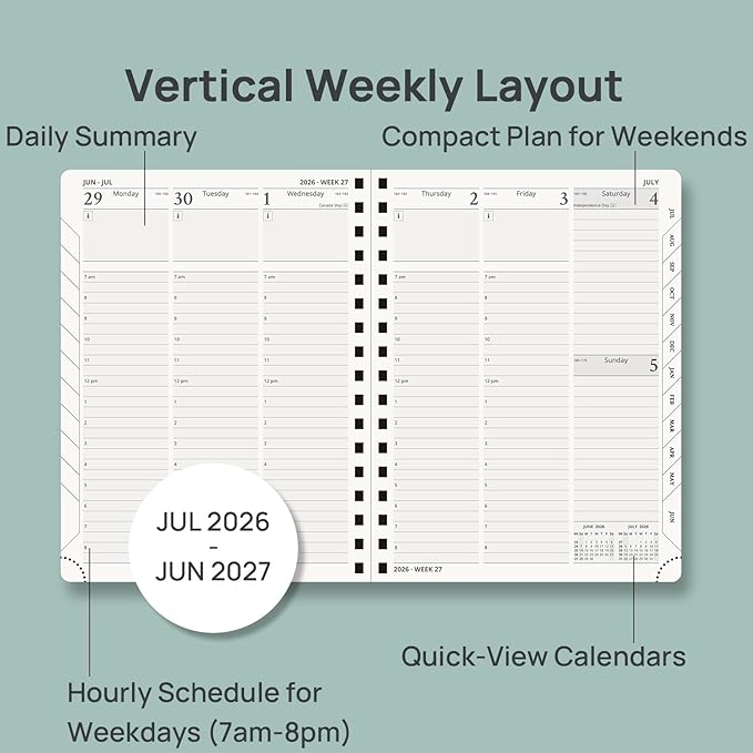 POPRUN Planner 2026-2027 (Medium - 6.5'' x 8.5'') Academic Weekly Calendar (July 2026 - June 2027) with Hourly Time Slots, Monthly Tabs, 100GSM Thick Papers, Spiral Leather Cover - Navy Blue