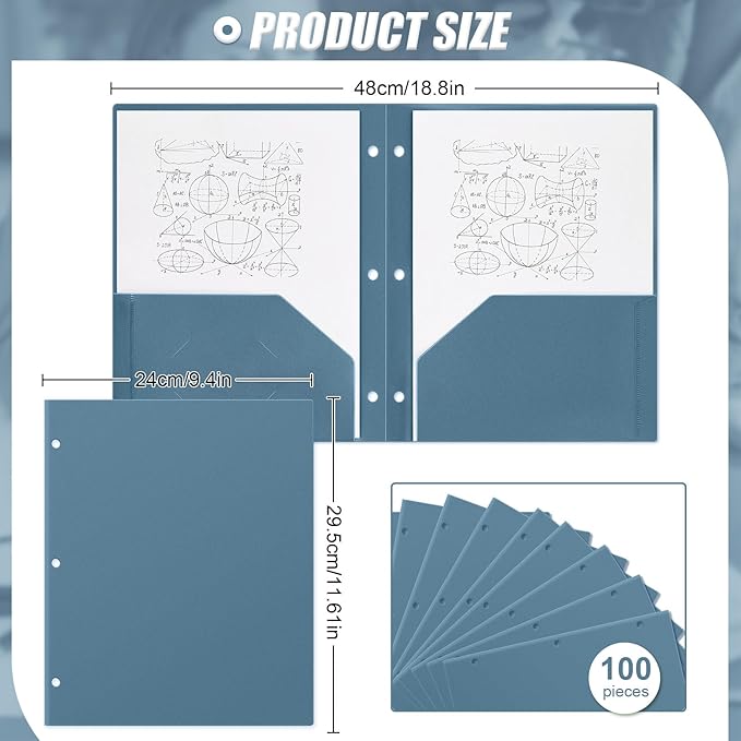 Yeaqee 100 Pcs Plastic Folders with Pockets Bulk 3 Hole Punched 2 Pocket File Folders for 3 Ring Binder Divider Folder for Notebooks, Durable Poly for Office Home (Blue Gray)