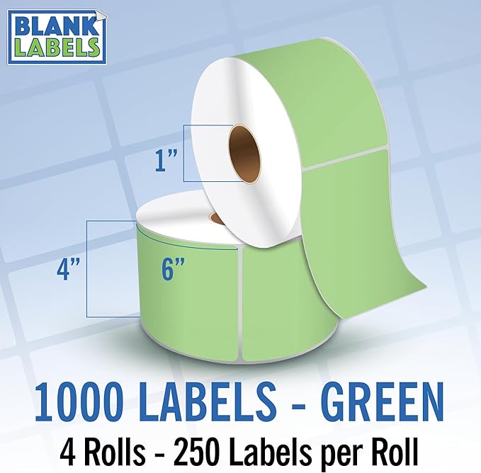 4" X 6" Direct Thermal Shipping Labels | Green | 1" Cores w/Perfs Easy Tear | Made in USA | Printing Label | 1000 Labels | 250 Labels per Roll | 4 Rolls | Blank Labels