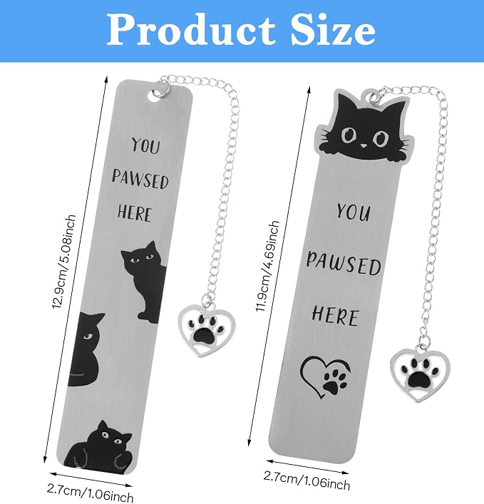 Cat Bookmarks, 2 Pcs Stainless Steel Black Cat Bookmark for Women, Men, Kids, You Paused Here Cute Book Marks for Book Lovers, Birthday, (Silver & Black)