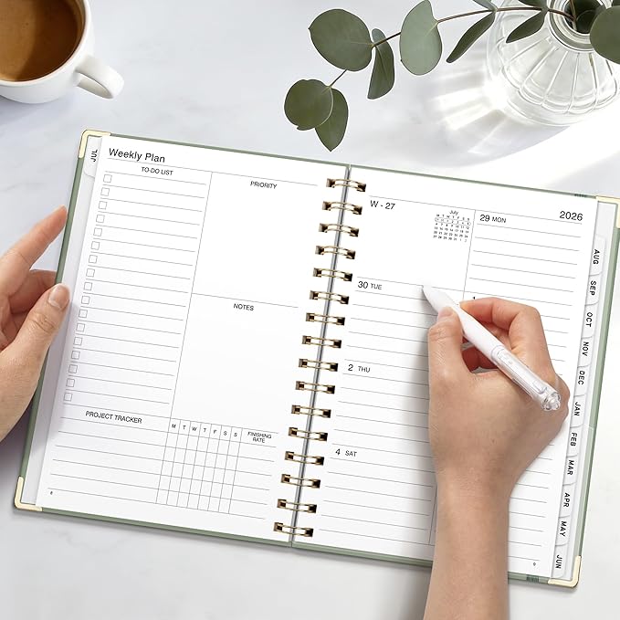 Academic Planner 2026-2027, Weekly and Monthly, A5 Size (5.7" x 8.3"), July 2026 - June 2027, To-do List for Tracking, for School, Home, Office, Hardcover, 12-Month Tabs (Light Green)