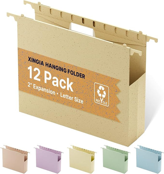 XINGIA Plastic Hanging File Folders, Letter Size with 2'' Expansion, 12 Pack Expandable Hanging Folders with Tabs,Hanging File Folder Organizers for Office School Home Filling Cabniet -Assorted Color