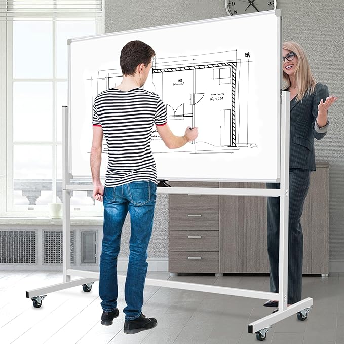 Mobile Whiteboard on Wheels 60 X 40, Double-Sided Large Rolling White Board Dry Erase Board with Stand, Magnetic Whiteboard with Stand, Portable Standing Whiteboard for Home Office School