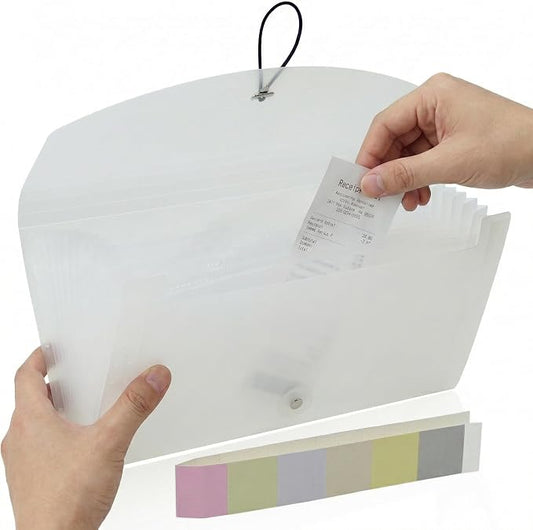 Portable 13-Pocket Receipt & Coupon Organizer, Small Expanding Accordion File Folder with Labels, Long Ticket Size Holder for Bills, Checks, and Travel Documents (10.2" x 5.5"), White