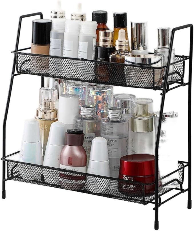 2-Tier Metal Mesh Desk Organizer - Portable Desktop Storage Rack for Office Supplies, Pen Holder, Paper, Makeup - Wall/Tabletop Mount, Powder Coated Black, Home School Cubicle Accessories