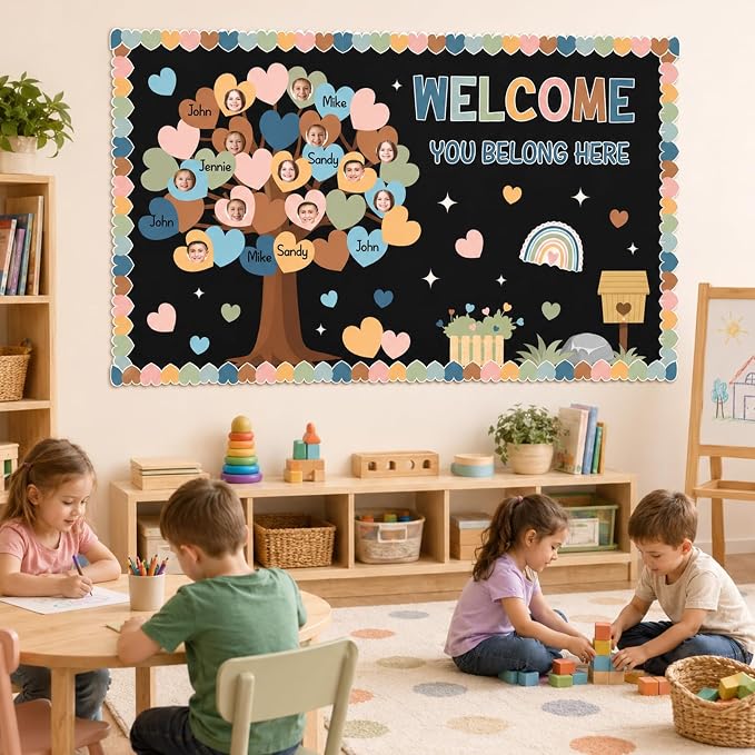 85pcs Boho Classroom Tree Bulletin Board Heart DIY Photo Name Tags Crafts Cutouts Back to School Rainbow Accents You Belong Here Welcome Classroom Decor for Nursery Elementary Chalkboard Wall Decor