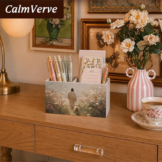 Christian Jesus Pen Pencil Holder for Desk, Christian Gifts for Women, Jesus Leaves the 99 Sheep Religious Pencil Holders Wooden Box Organizer for Home Bedroom Office Desk Tabletop