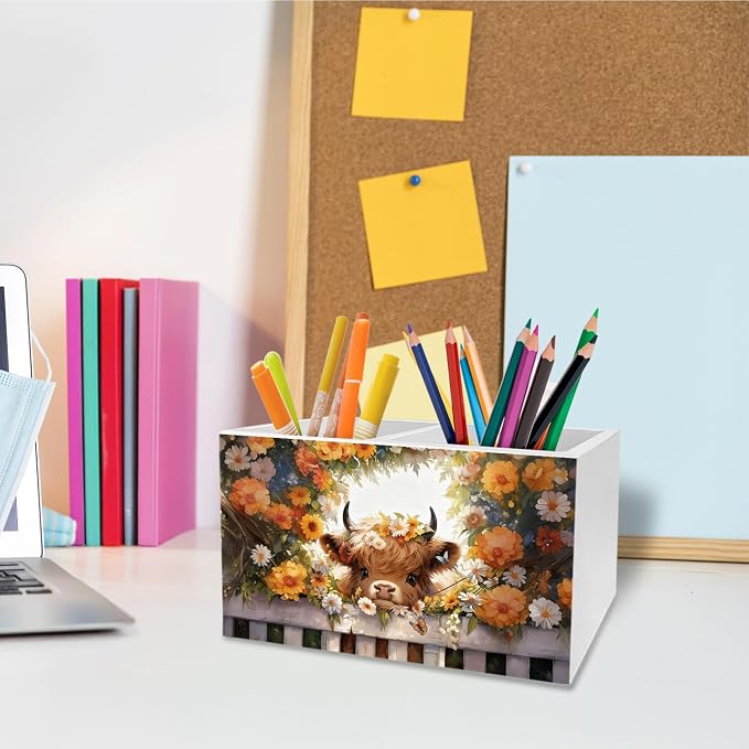 Highland Cow Floral Pen Holder for Desk, Highland Cow Gifts Pencil Organizer, Farmhouse Wildflower Heifer Wooden Box Sign Desk Decor for Girls Nursery Home Office Decoration