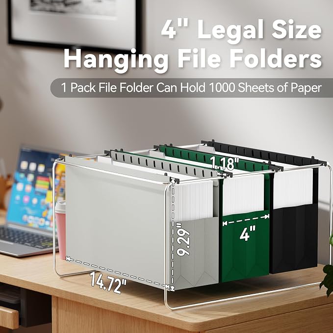 Ansook Legal Size Hanging File Folders Extra Capacity, Expandable 4" Legal Size File Folders with 1/5 Tabs, Plastic Filling Cabniet Folders Designed for Legal and Law Office File Organization - 6 Pack
