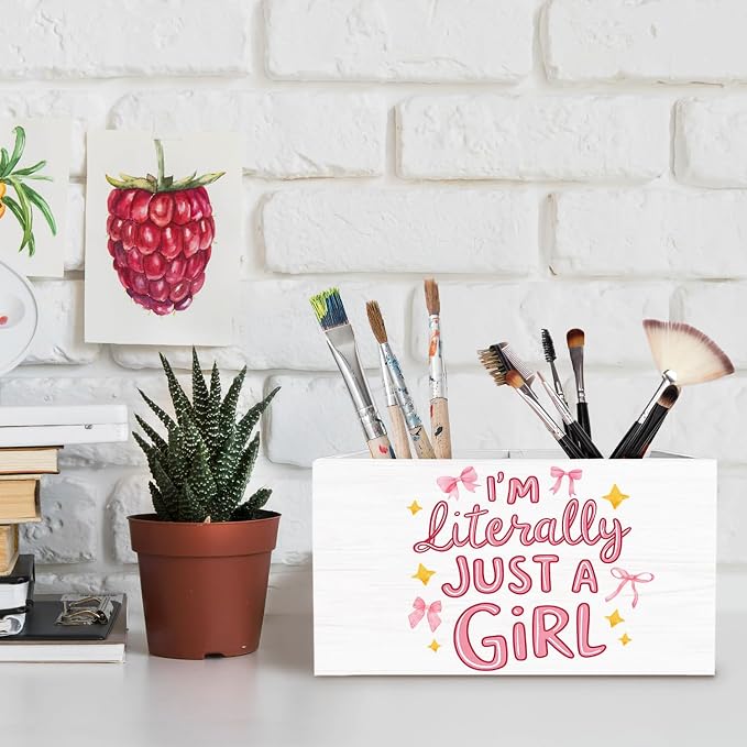 Pink Bow Girly Pen Holder for Desk, Coquette Preppy Pencil Organizer, I'm Literally Just a Girl Trendy Wooden Box Sign Desk Decor for Girls Bedroom Dorm Home Office Decoration