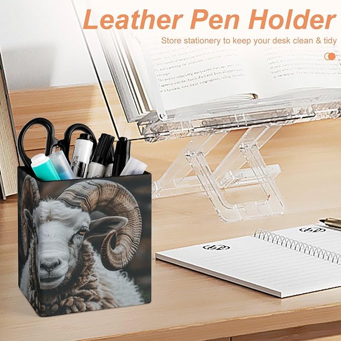 PU Leather Pencil Holder Longhorn Ram Pen Holder for Office Desk Accessories & Workspace Organizer Square Pencil Cup with Non-slip Bottom for Home Bathroom Conference Room