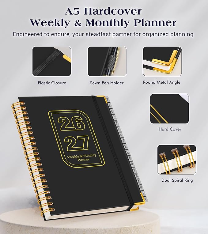 Planner 2026-2027, 18 Months Weekly and Monthly Hardcover Planner, January 2026 - June 2027, 5.75" x 8.38" A5 Daily Calendar Planner Book with Tabs, Spiral Yearly Agenda Organizer Notebook for School Work Home, Black