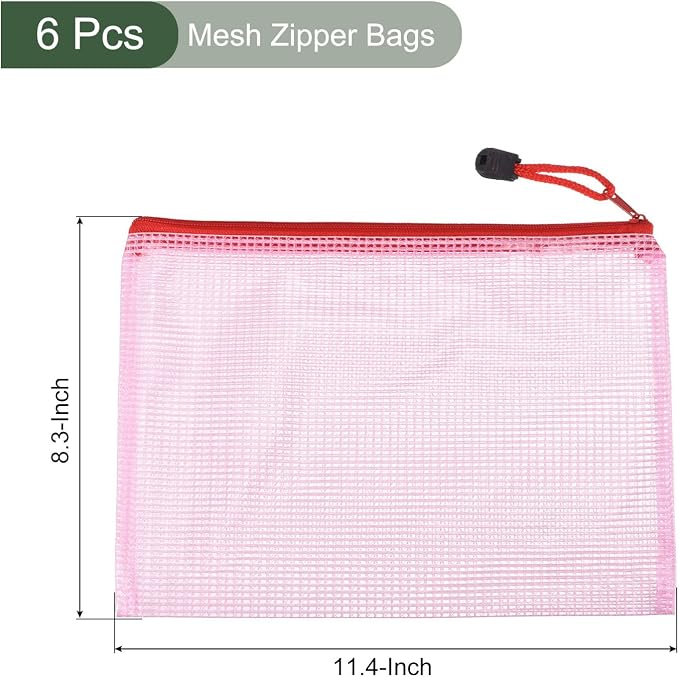YOKIVE 6 Pack Mesh Zipper Bags, B5 Mesh File Pockets Plastic Document Pouch, Great for Office Appliances Travel Storage(Red)