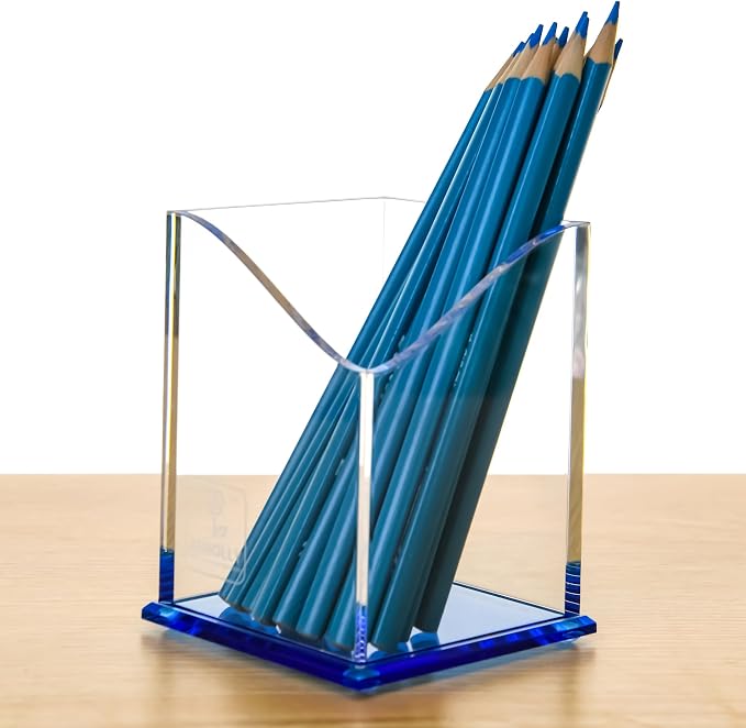 Blue Acrylic Pencil Pen Holder Cup, Desk Accessories Holder,Makeup Brush Storage Organizer, Modern Design Desktop Stationery Organizer for Office School Home Supplies, 3.1x 3.1x 4.3 inch