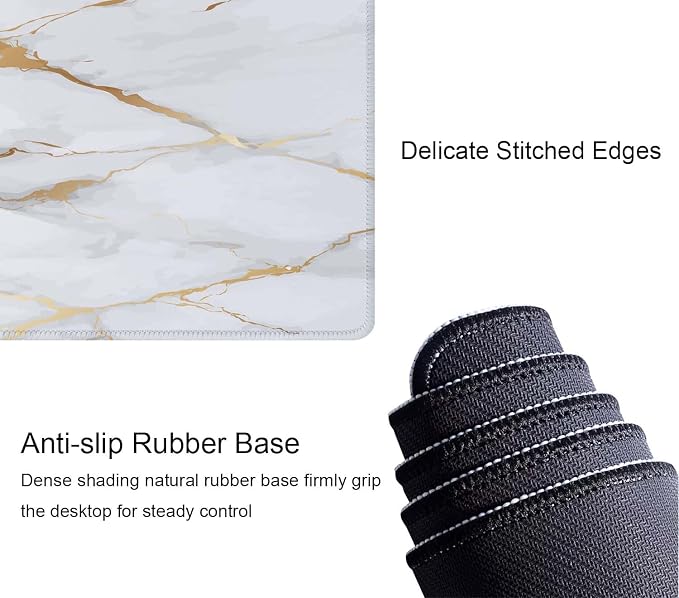 Desk Mat White Golden Marble Texture Large Keyboard Mouse Pad for Laptop PC Setup Desk Cover Protector Desk DéCor for Office Home Work Gaming 31.5" X 11.8" Stitched Edge Non-Slip Design