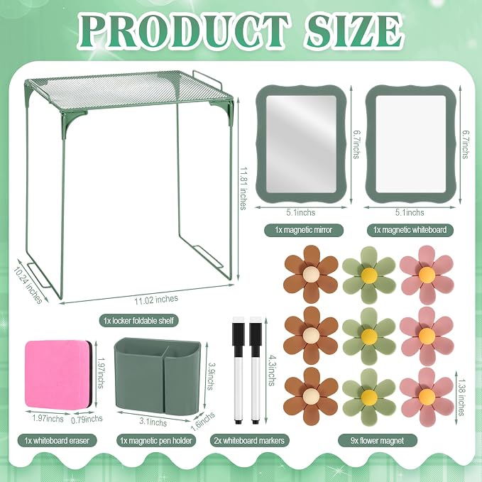 Colarr 16 Pcs Dark Green Locker Accessories for Girls Includes Magnetic Whiteboard & Mirror Locker Shelf Pen Holder 2 Dry Erase Marker & Eraser 9 Flowers for Back to School Essentials Decoration