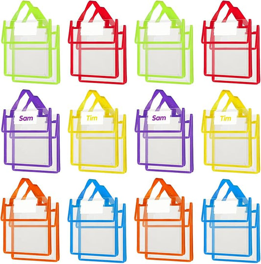 Teling 36 Pack 10 x 12 Inch Clear Book Pouches with Handles and Name Tags, Heavy Duty Reusable Library Book Bags for Classroom, Students Kids and Teacher Supplies (Bright Color)