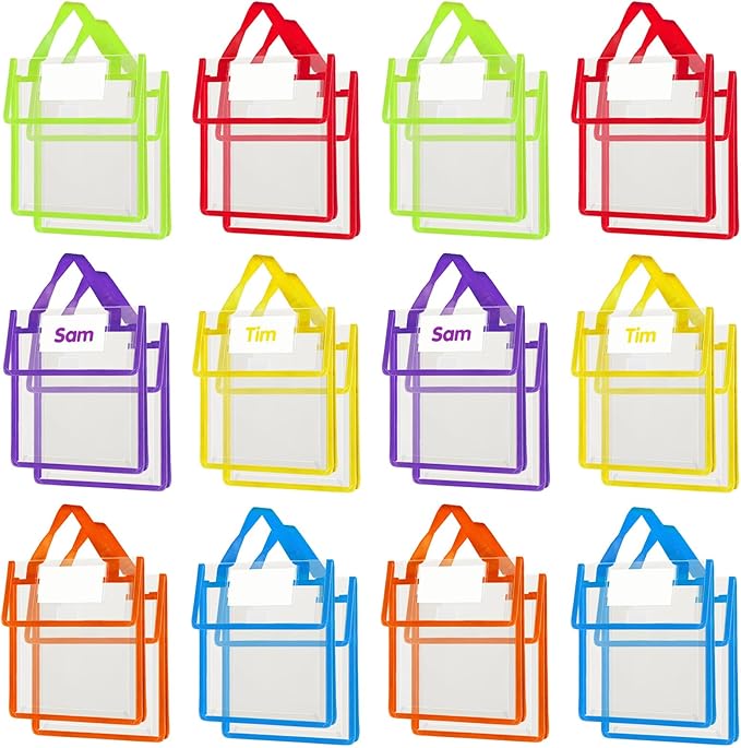 Teling 24 Pack Thick Clear Book Pouches with Blank Name Tags and Handles Book Baggies Bags Bins Organizer for School Classroom Library Pockets Students (10 x 12 Inch,Stylish Color)