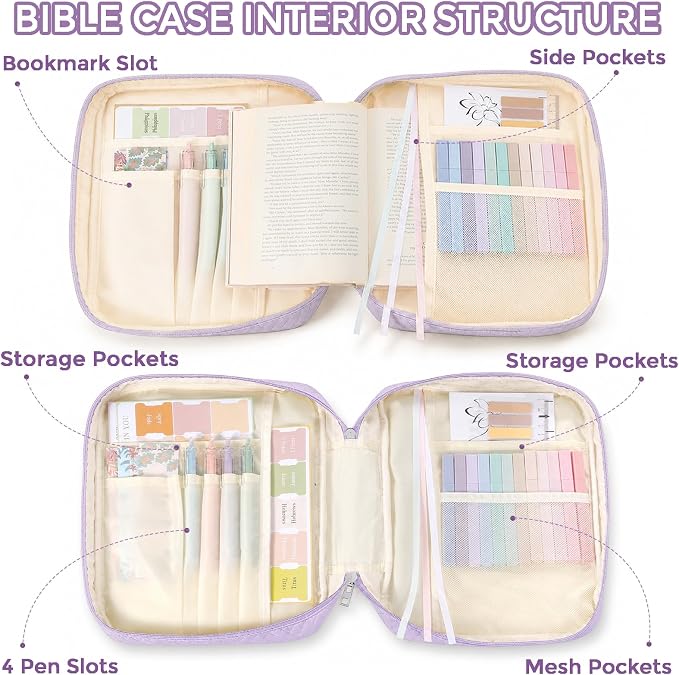 XKDOUS Bible Cover Case for Women, Large Bible Cover with Durable Handle, Washable Quilted Bible Case, Bible Study Supplies & Christian Gifts for Mom, Women, Men (Light Purple)