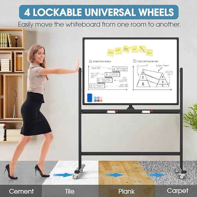 MaxGear 48x32 Mobile Whiteboard on Wheels, Heavy-Duty Aluminum Frame & Reinforced Packaging, Double Sided Magnetic Dry Erase Board with Stand, Height Adjustable Rolling Whiteboard for Office, Black