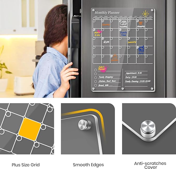 IDEATECH Acrylic Magnetic Fridge Calendar Magnet Strong, Clear Dry Erase Board Calendar for Refrigerator, Vertical 2in1 Monthly Planner & to Do List for Fridge, Whiteboard Organizer House Decor,White