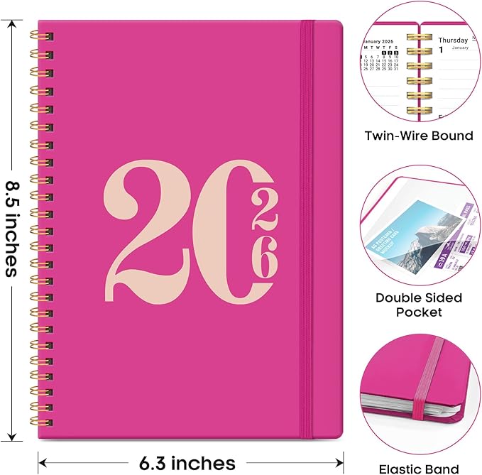 2026 Planner, Weekly and Monthly Calender Planner, Jan 2026 to Dec 2026, Hardcover 2026 Calendar Book with Tabs & Inner Pocket, Office Home School Supplies for Women & Men - A5 (6.3" x 8.5"), Fuchsia Pink