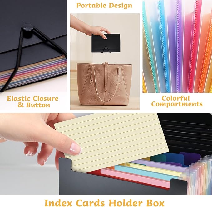 4x6 Inch Index Card Holder Box Organizer Storage Case 3x5 Inch Flash Note Card File Box with 13 Expandable Pockets and Label Stickers Large Capacity Recipe Coupon Organizer Book Sticker Album