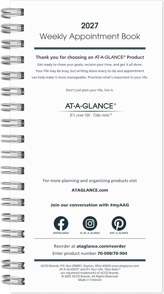 AT-A-GLANCE 2027 Weekly Appointment Book Planner Refill for 7000805, 3.25" x 6.25", Pocket Size (709041027)